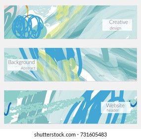 Hand drawn creative universal banner set. Abstract scribbles doodles bright colors. Website header social media advertisement sale brochure templates. Isolated vector banner templates.