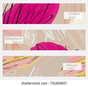 Hand drawn creative universal banner set. Abstract scribbles doodles bright colors. Website header social media advertisement sale brochure templates. Isolated vector banner templates.