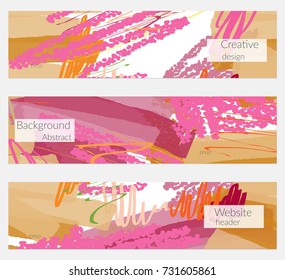 Hand drawn creative universal banner set. Abstract scribbles doodles bright colors. Website header social media advertisement sale brochure templates. Isolated vector banner templates.