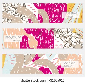 Hand drawn creative universal banner set. Abstract scribbles doodles bright colors. Website header social media advertisement sale brochure templates. Isolated vector banner templates.