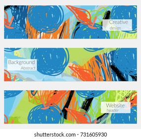 Hand drawn creative universal banner set. Abstract scribbles doodles bright colors. Website header social media advertisement sale brochure templates. Isolated vector banner templates.