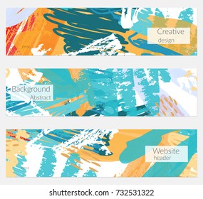 Hand drawn creative universal banner set. Abstract scribbles doodles bright colors. Website header social media advertisement sale brochure templates. Isolated vector banner templates.