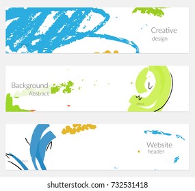 Hand drawn creative universal banner set. Abstract scribbles doodles bright colors. Website header social media advertisement sale brochure templates. Isolated vector banner templates.