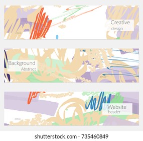 Hand drawn creative universal banner set. Abstract scribbles doodles bright colors. Website header social media advertisement sale brochure templates. Isolated vector banner templates.