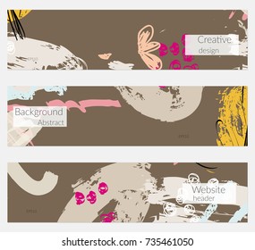 Hand drawn creative universal banner set. Abstract scribbles doodles bright colors. Website header social media advertisement sale brochure templates. Isolated vector banner templates.