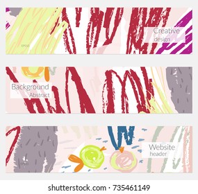 Hand drawn creative universal banner set. Abstract scribbles doodles bright colors. Website header social media advertisement sale brochure templates. Isolated vector banner templates.