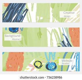 Hand drawn creative universal banner set. Abstract scribbles doodles bright colors. Website header social media advertisement sale brochure templates. Isolated vector banner templates.