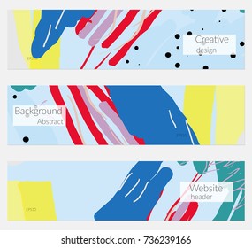 Hand drawn creative universal banner set. Abstract scribbles doodles bright colors. Website header social media advertisement sale brochure templates. Isolated vector banner templates.