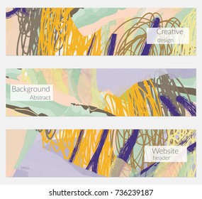 Hand drawn creative universal banner set. Abstract scribbles doodles bright colors. Website header social media advertisement sale brochure templates. Isolated vector banner templates.