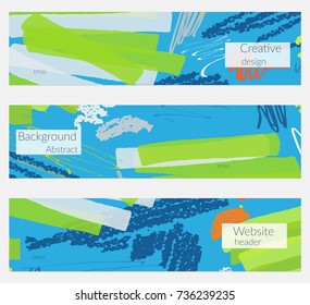 Hand drawn creative universal banner set. Abstract scribbles doodles bright colors. Website header social media advertisement sale brochure templates. Isolated vector banner templates.