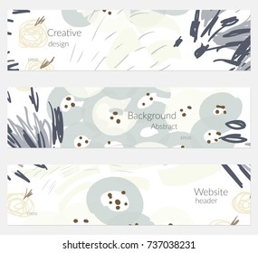 Hand drawn creative universal banner set. Abstract scribbles doodles bright colors. Website header social media advertisement sale brochure templates. Isolated vector banner templates.