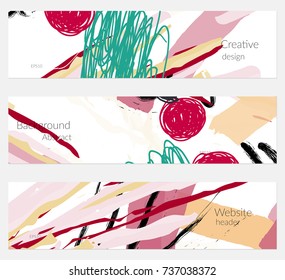 Hand drawn creative universal banner set. Abstract scribbles doodles bright colors. Website header social media advertisement sale brochure templates. Isolated vector banner templates.