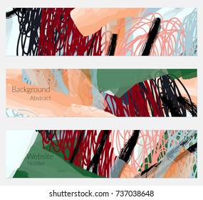 Hand drawn creative universal banner set. Abstract scribbles doodles bright colors. Website header social media advertisement sale brochure templates. Isolated vector banner templates.