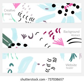Hand drawn creative universal banner set. Abstract scribbles doodles bright colors. Website header social media advertisement sale brochure templates. Isolated vector banner templates.