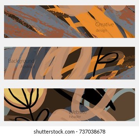 Hand drawn creative universal banner set. Abstract scribbles doodles bright colors. Website header social media advertisement sale brochure templates. Isolated vector banner templates.