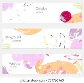 Hand drawn creative universal banner set. Abstract scribbles doodles bright colors. Website header social media advertisement sale brochure templates. Isolated vector banner templates.