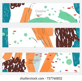 Hand drawn creative universal banner set. Abstract scribbles doodles bright colors. Website header social media advertisement sale brochure templates. Isolated vector banner templates.