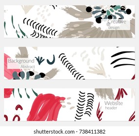 Hand drawn creative universal banner set. Abstract scribbles doodles bright colors. Website header social media advertisement sale brochure templates. Isolated vector banner templates.