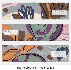 Hand drawn creative universal banner set. Abstract scribbles doodles bright colors. Website header social media advertisement sale brochure templates. Isolated vector banner templates.