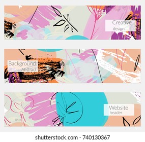 Hand drawn creative universal banner set. Abstract scribbles doodles bright colors. Website header social media advertisement sale brochure templates. Isolated vector banner templates.