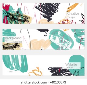 Hand drawn creative universal banner set. Abstract scribbles doodles bright colors. Website header social media advertisement sale brochure templates. Isolated vector banner templates.