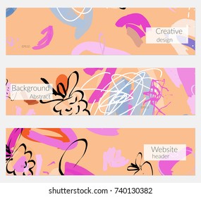 Hand drawn creative universal banner set. Abstract scribbles doodles bright colors. Website header social media advertisement sale brochure templates. Isolated vector banner templates.