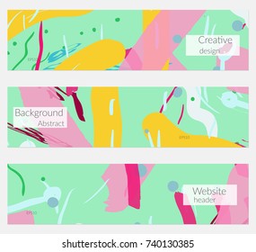 Hand drawn creative universal banner set. Abstract scribbles doodles bright colors. Website header social media advertisement sale brochure templates. Isolated vector banner templates.