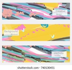 Hand drawn creative universal banner set. Abstract scribbles doodles bright colors. Website header social media advertisement sale brochure templates. Isolated vector banner templates.