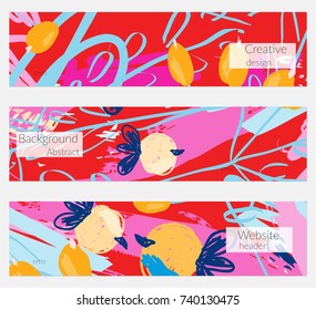 Hand drawn creative universal banner set. Abstract scribbles doodles bright colors. Website header social media advertisement sale brochure templates. Isolated vector banner templates.