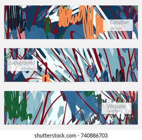 Hand drawn creative universal banner set. Abstract scribbles doodles bright colors. Website header social media advertisement sale brochure templates. Isolated vector banner templates.