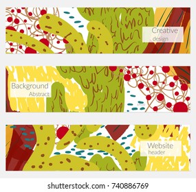 Hand drawn creative universal banner set. Abstract scribbles doodles bright colors. Website header social media advertisement sale brochure templates. Isolated vector banner templates.