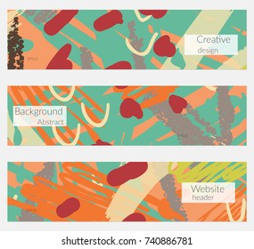 Hand drawn creative universal banner set. Abstract scribbles doodles bright colors. Website header social media advertisement sale brochure templates. Isolated vector banner templates.