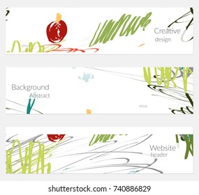 Hand drawn creative universal banner set. Abstract scribbles doodles bright colors. Website header social media advertisement sale brochure templates. Isolated vector banner templates.