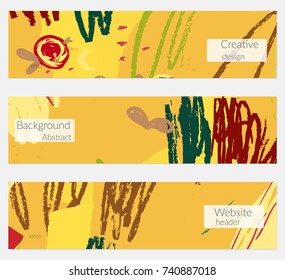 Hand drawn creative universal banner set. Abstract scribbles doodles bright colors. Website header social media advertisement sale brochure templates. Isolated vector banner templates.