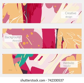 Hand drawn creative universal banner set. Abstract scribbles doodles bright colors. Website header social media advertisement sale brochure templates. Isolated vector banner templates.