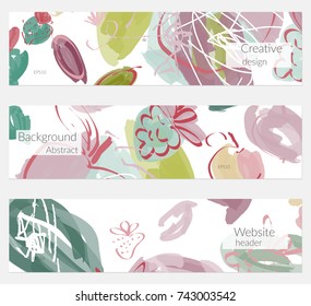 Hand drawn creative universal banner set. Abstract scribbles doodles bright colors. Website header social media advertisement sale brochure templates. Isolated vector banner templates.