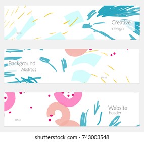 Hand drawn creative universal banner set. Abstract scribbles doodles bright colors. Website header social media advertisement sale brochure templates. Isolated vector banner templates.