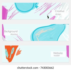 Hand drawn creative universal banner set. Abstract scribbles doodles bright colors. Website header social media advertisement sale brochure templates. Isolated vector banner templates.