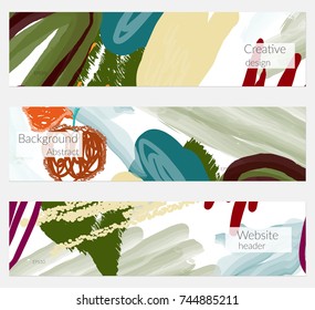 Hand drawn creative universal banner set. Abstract scribbles doodles bright colors. Website header social media advertisement sale brochure templates. Isolated vector banner templates.