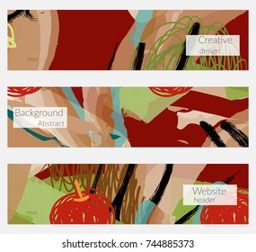 Hand drawn creative universal banner set. Abstract scribbles doodles bright colors. Website header social media advertisement sale brochure templates. Isolated vector banner templates.