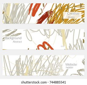 Hand drawn creative universal banner set. Abstract scribbles doodles bright colors. Website header social media advertisement sale brochure templates. Isolated vector banner templates.