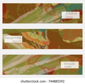 Hand drawn creative universal banner set. Abstract scribbles doodles bright colors. Website header social media advertisement sale brochure templates. Isolated vector banner templates.