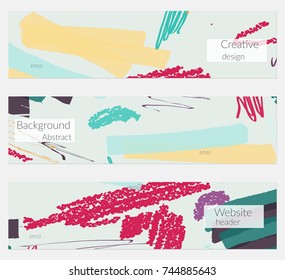 Hand drawn creative universal banner set. Abstract scribbles doodles bright colors. Website header social media advertisement sale brochure templates. Isolated vector banner templates.