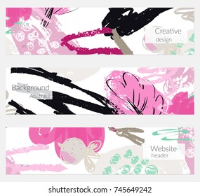 Hand drawn creative universal banner set. Abstract scribbles doodles bright colors. Website header social media advertisement sale brochure templates. Isolated vector banner templates.