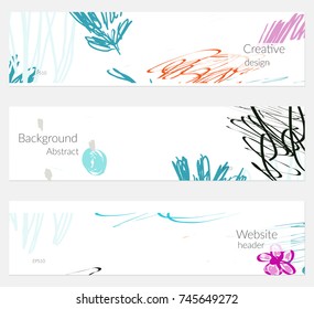 Hand drawn creative universal banner set. Abstract scribbles doodles bright colors. Website header social media advertisement sale brochure templates. Isolated vector banner templates.