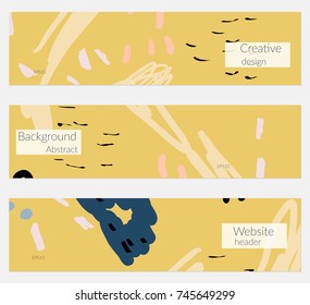 Hand drawn creative universal banner set. Abstract scribbles doodles bright colors. Website header social media advertisement sale brochure templates. Isolated vector banner templates.