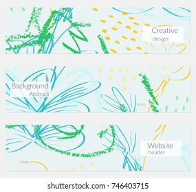 Hand drawn creative universal banner set. Abstract scribbles doodles bright colors. Website header social media advertisement sale brochure templates. Isolated vector banner templates.