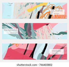 Hand drawn creative universal banner set. Abstract scribbles doodles bright colors. Website header social media advertisement sale brochure templates. Isolated vector banner templates.