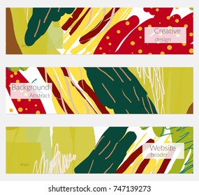 Hand drawn creative universal banner set. Abstract scribbles doodles bright colors. Website header social media advertisement sale brochure templates. Isolated vector banner templates.
