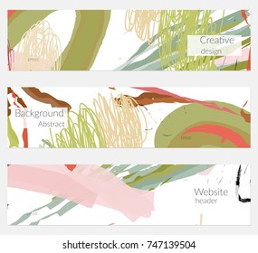 Hand drawn creative universal banner set. Abstract scribbles doodles bright colors. Website header social media advertisement sale brochure templates. Isolated vector banner templates.